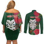 Maori Wheku Meri Kirihimete Personalised Couples Matching Off Shoulder Short Dress and Long Sleeve Button Shirt All Green Indigenous Maori Motif - Aussie Hoodie