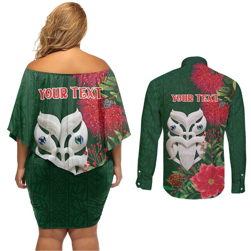 Maori Wheku Meri Kirihimete Personalised Couples Matching Off Shoulder Short Dress and Long Sleeve Button Shirt All Green Indigenous Maori Motif - Aussie Hoodie