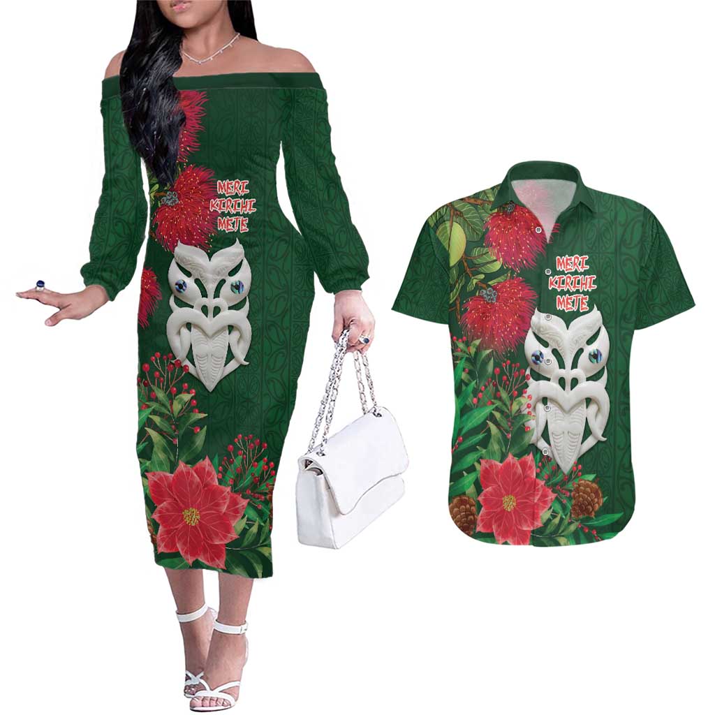 Maori Wheku Meri Kirihimete Personalised Couples Matching Off The Shoulder Long Sleeve Dress and Hawaiian Shirt All Green Indigenous Maori Motif - Aussie Hoodie