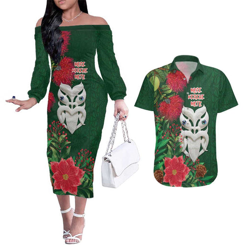 Maori Wheku Meri Kirihimete Personalised Couples Matching Off The Shoulder Long Sleeve Dress and Hawaiian Shirt All Green Indigenous Maori Motif - Aussie Hoodie