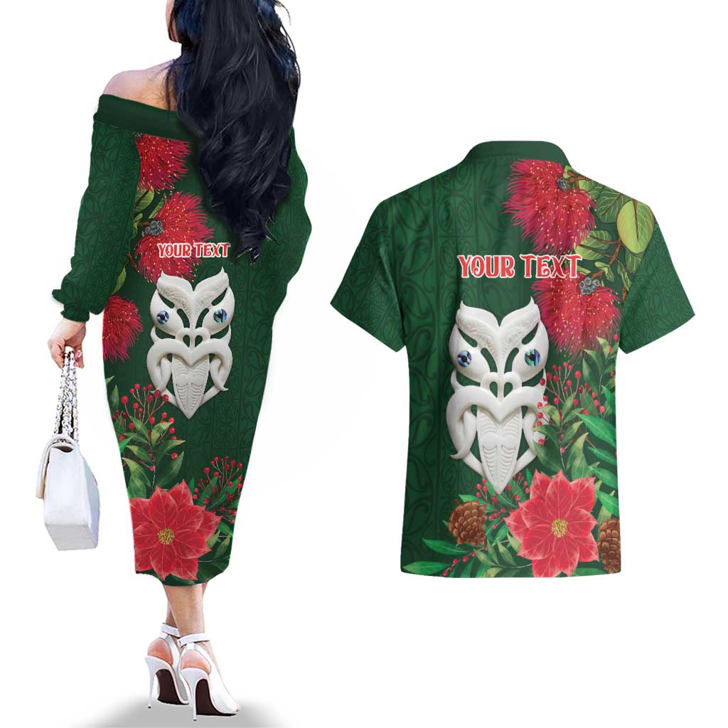 Maori Wheku Meri Kirihimete Personalised Couples Matching Off The Shoulder Long Sleeve Dress and Hawaiian Shirt All Green Indigenous Maori Motif - Aussie Hoodie