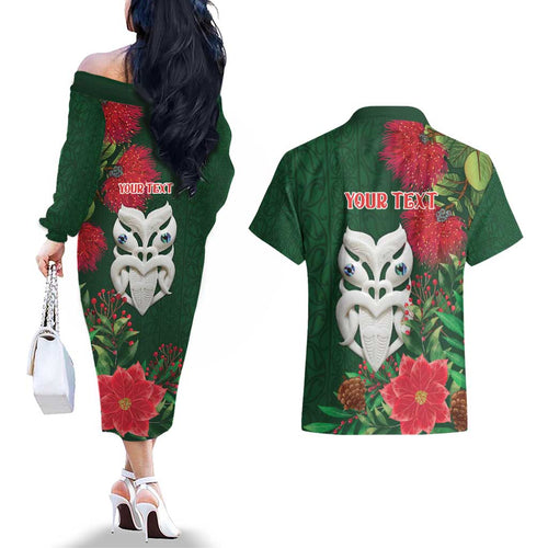 Maori Wheku Meri Kirihimete Personalised Couples Matching Off The Shoulder Long Sleeve Dress and Hawaiian Shirt All Green Indigenous Maori Motif - Aussie Hoodie
