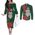 Maori Wheku Meri Kirihimete Personalised Couples Matching Off The Shoulder Long Sleeve Dress and Long Sleeve Button Shirt All Green Indigenous Maori Motif - Aussie Hoodie