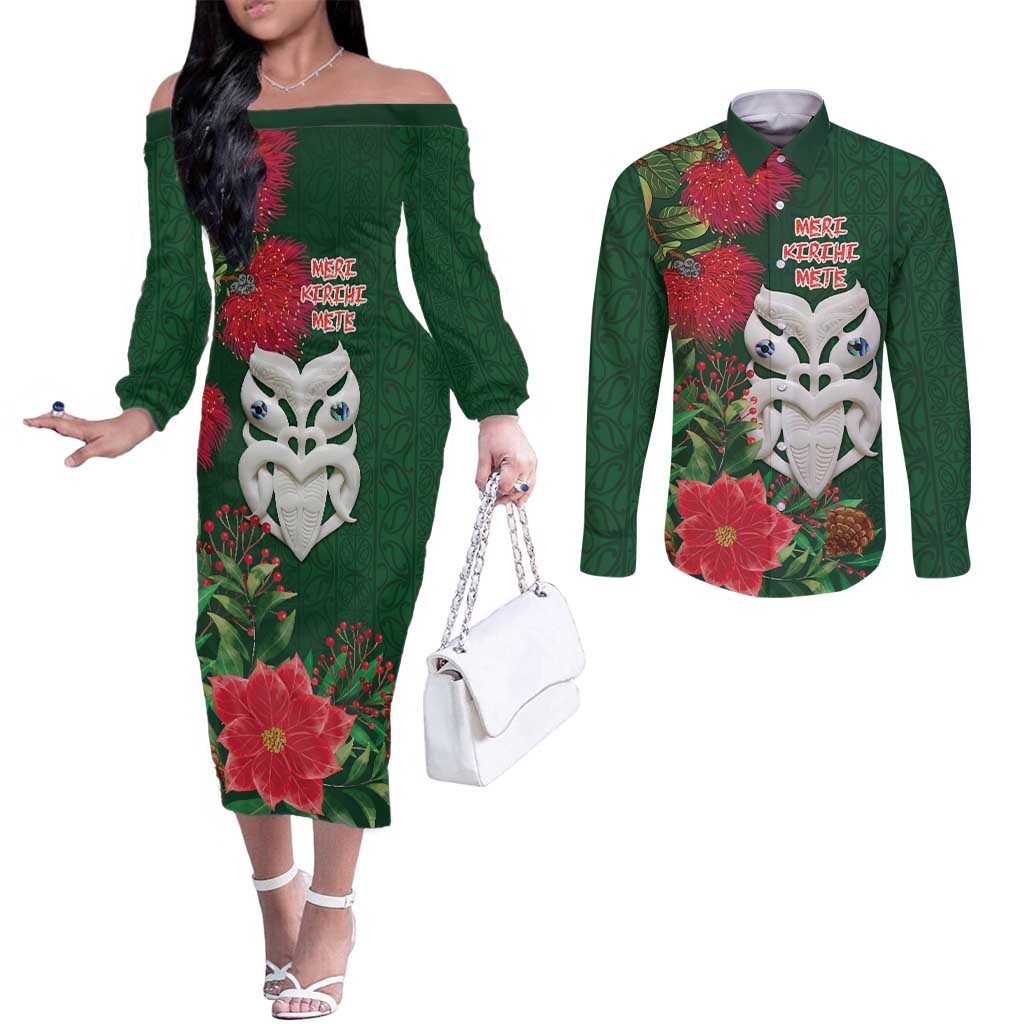 Maori Wheku Meri Kirihimete Personalised Couples Matching Off The Shoulder Long Sleeve Dress and Long Sleeve Button Shirt All Green Indigenous Maori Motif - Aussie Hoodie