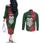 Maori Wheku Meri Kirihimete Personalised Couples Matching Off The Shoulder Long Sleeve Dress and Long Sleeve Button Shirt All Green Indigenous Maori Motif - Aussie Hoodie