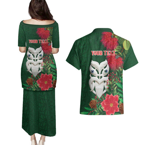 Maori Wheku Meri Kirihimete Personalised Couples Matching Puletasi and Hawaiian Shirt All Green Indigenous Maori Motif - Aussie Hoodie