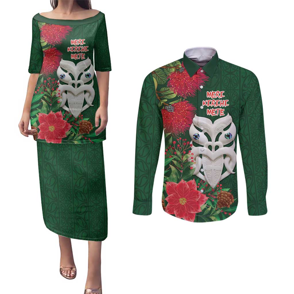 Maori Wheku Meri Kirihimete Personalised Couples Matching Puletasi and Long Sleeve Button Shirt All Green Indigenous Maori Motif - Aussie Hoodie