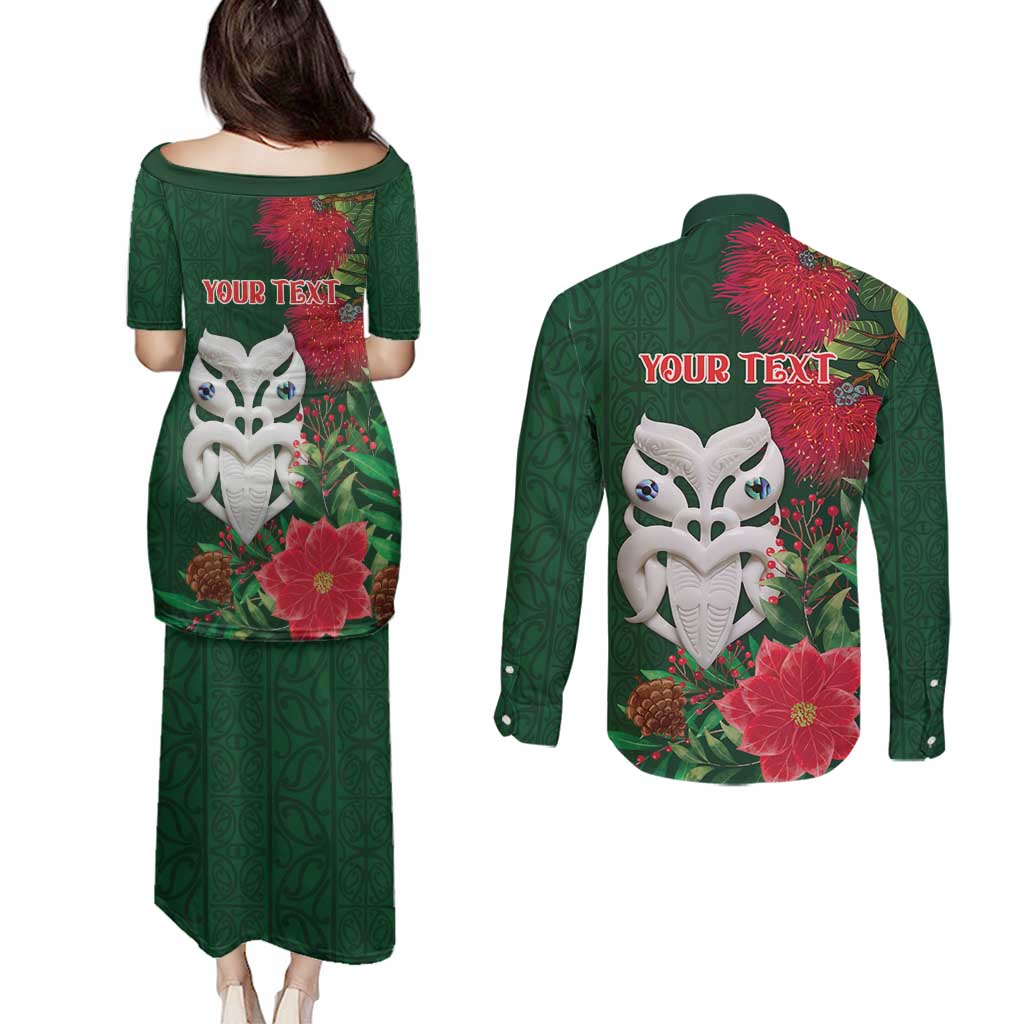 Maori Wheku Meri Kirihimete Personalised Couples Matching Puletasi and Long Sleeve Button Shirt All Green Indigenous Maori Motif - Aussie Hoodie