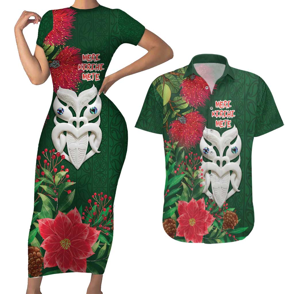 Maori Wheku Meri Kirihimete Personalised Couples Matching Short Sleeve Bodycon Dress and Hawaiian Shirt All Green Indigenous Maori Motif - Aussie Hoodie