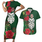 Maori Wheku Meri Kirihimete Personalised Couples Matching Short Sleeve Bodycon Dress and Hawaiian Shirt All Green Indigenous Maori Motif - Aussie Hoodie