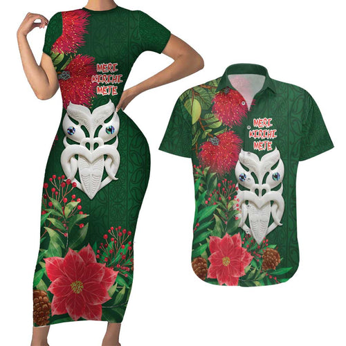 Maori Wheku Meri Kirihimete Personalised Couples Matching Short Sleeve Bodycon Dress and Hawaiian Shirt All Green Indigenous Maori Motif - Aussie Hoodie