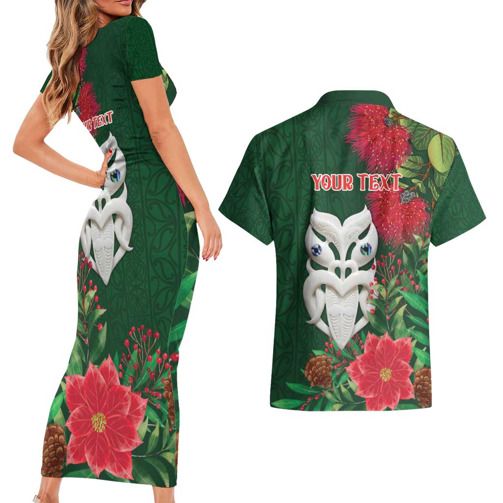 Maori Wheku Meri Kirihimete Personalised Couples Matching Short Sleeve Bodycon Dress and Hawaiian Shirt All Green Indigenous Maori Motif - Aussie Hoodie