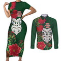 Maori Wheku Meri Kirihimete Personalised Couples Matching Short Sleeve Bodycon Dress and Long Sleeve Button Shirt All Green Indigenous Maori Motif - Aussie Hoodie
