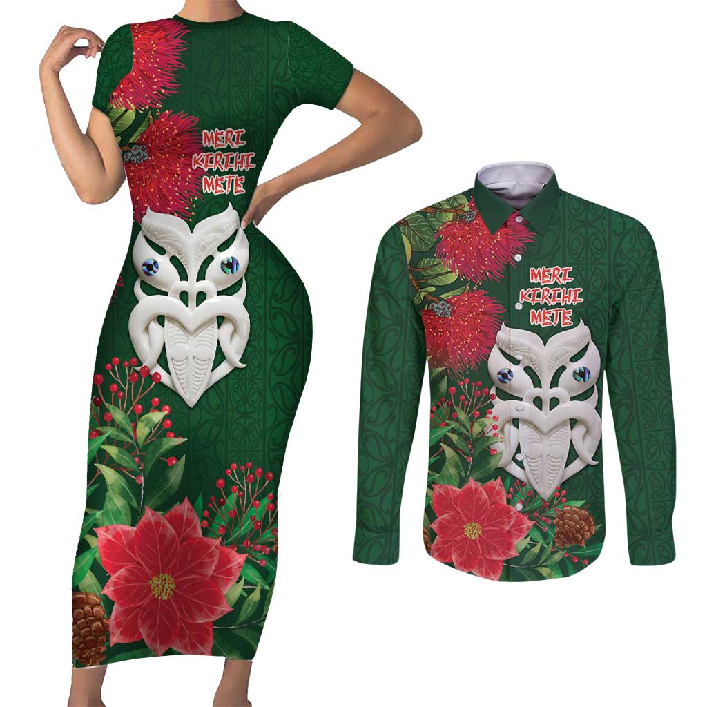 Maori Wheku Meri Kirihimete Personalised Couples Matching Short Sleeve Bodycon Dress and Long Sleeve Button Shirt All Green Indigenous Maori Motif - Aussie Hoodie