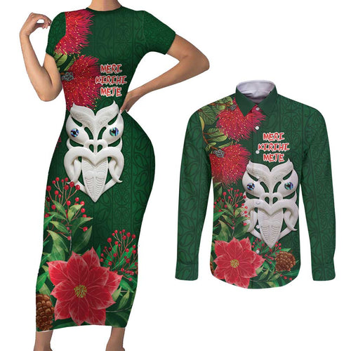 Maori Wheku Meri Kirihimete Personalised Couples Matching Short Sleeve Bodycon Dress and Long Sleeve Button Shirt All Green Indigenous Maori Motif - Aussie Hoodie