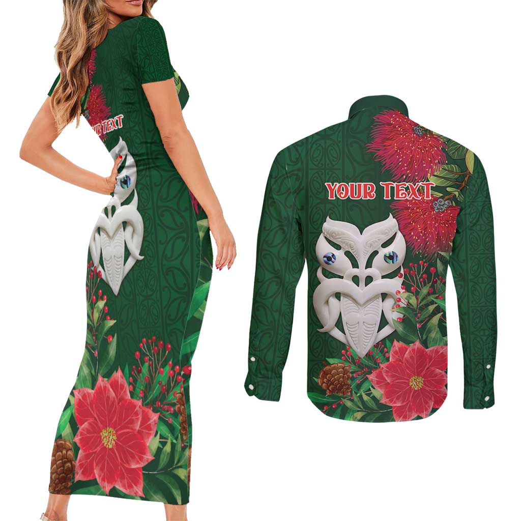Maori Wheku Meri Kirihimete Personalised Couples Matching Short Sleeve Bodycon Dress and Long Sleeve Button Shirt All Green Indigenous Maori Motif - Aussie Hoodie