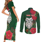 Maori Wheku Meri Kirihimete Personalised Couples Matching Short Sleeve Bodycon Dress and Long Sleeve Button Shirt All Green Indigenous Maori Motif - Aussie Hoodie