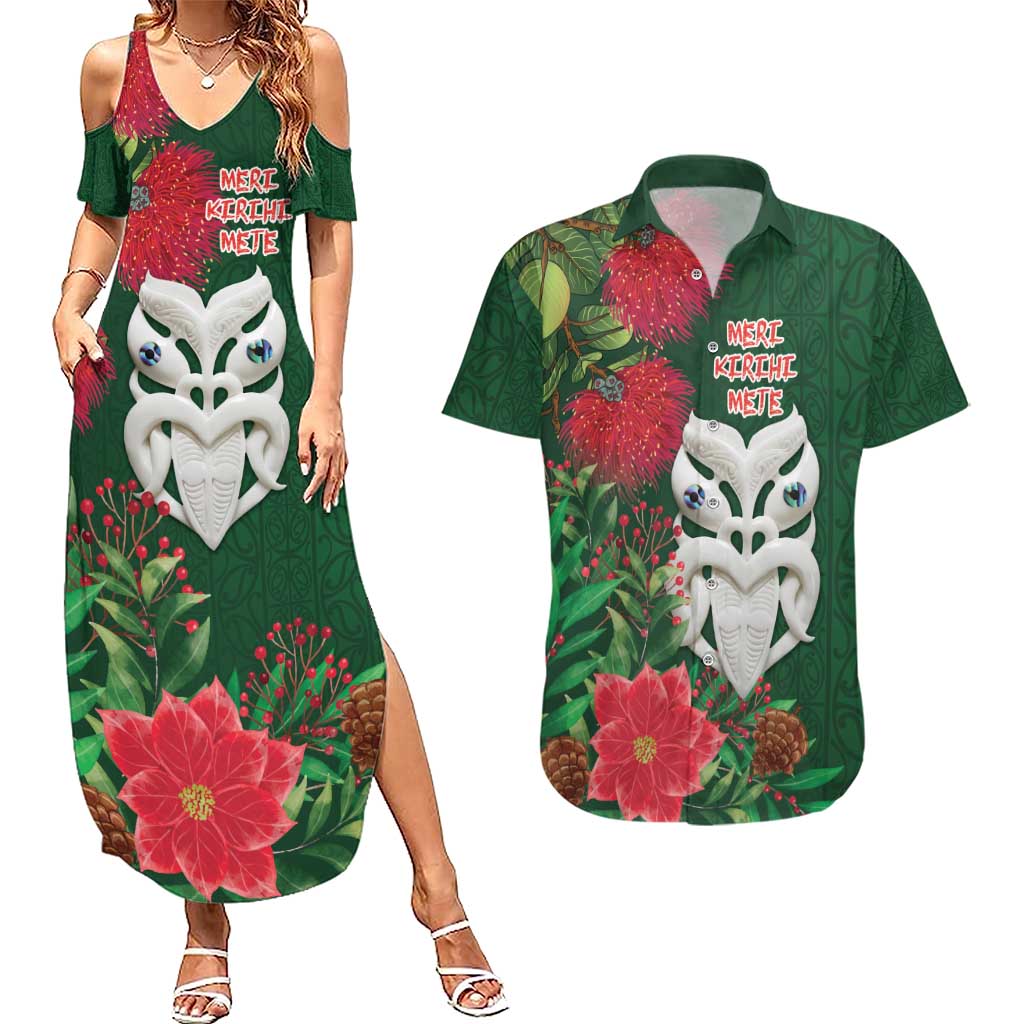 Maori Wheku Meri Kirihimete Personalised Couples Matching Summer Maxi Dress and Hawaiian Shirt All Green Indigenous Maori Motif - Aussie Hoodie