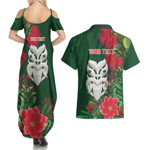 Maori Wheku Meri Kirihimete Personalised Couples Matching Summer Maxi Dress and Hawaiian Shirt All Green Indigenous Maori Motif - Aussie Hoodie