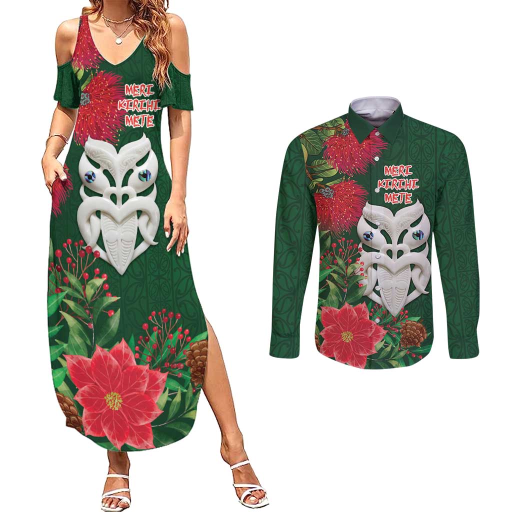 Maori Wheku Meri Kirihimete Personalised Couples Matching Summer Maxi Dress and Long Sleeve Button Shirt All Green Indigenous Maori Motif - Aussie Hoodie