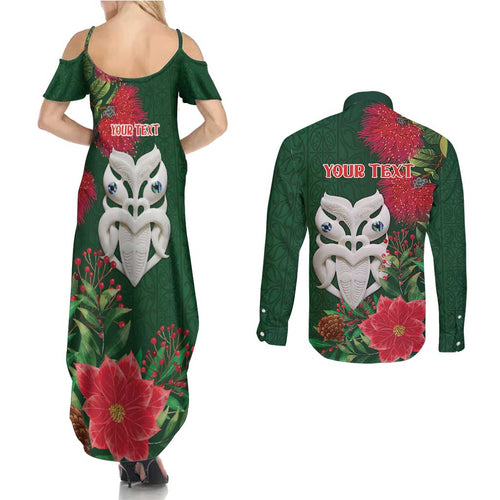 Maori Wheku Meri Kirihimete Personalised Couples Matching Summer Maxi Dress and Long Sleeve Button Shirt All Green Indigenous Maori Motif - Aussie Hoodie