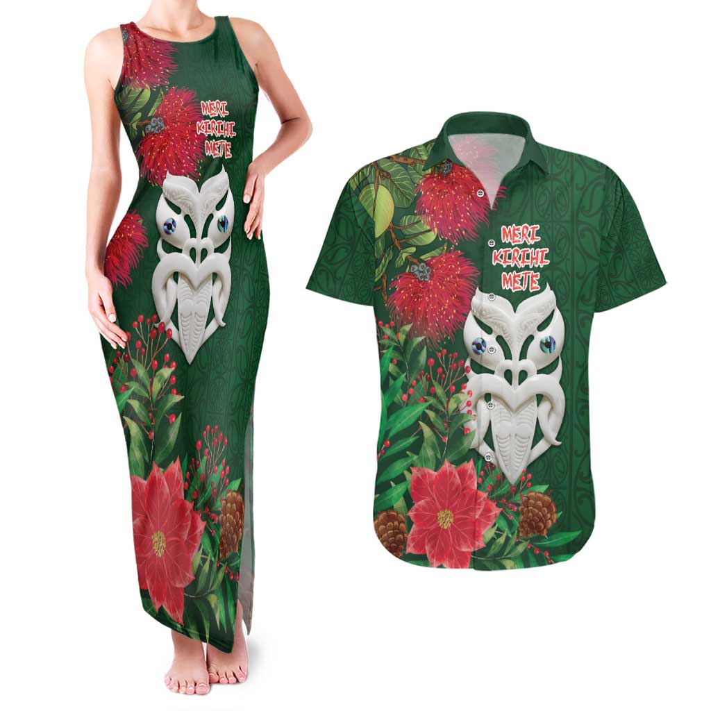 Maori Wheku Meri Kirihimete Personalised Couples Matching Tank Maxi Dress and Hawaiian Shirt All Green Indigenous Maori Motif - Aussie Hoodie