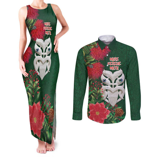 Maori Wheku Meri Kirihimete Personalised Couples Matching Tank Maxi Dress and Long Sleeve Button Shirt All Green Indigenous Maori Motif - Aussie Hoodie