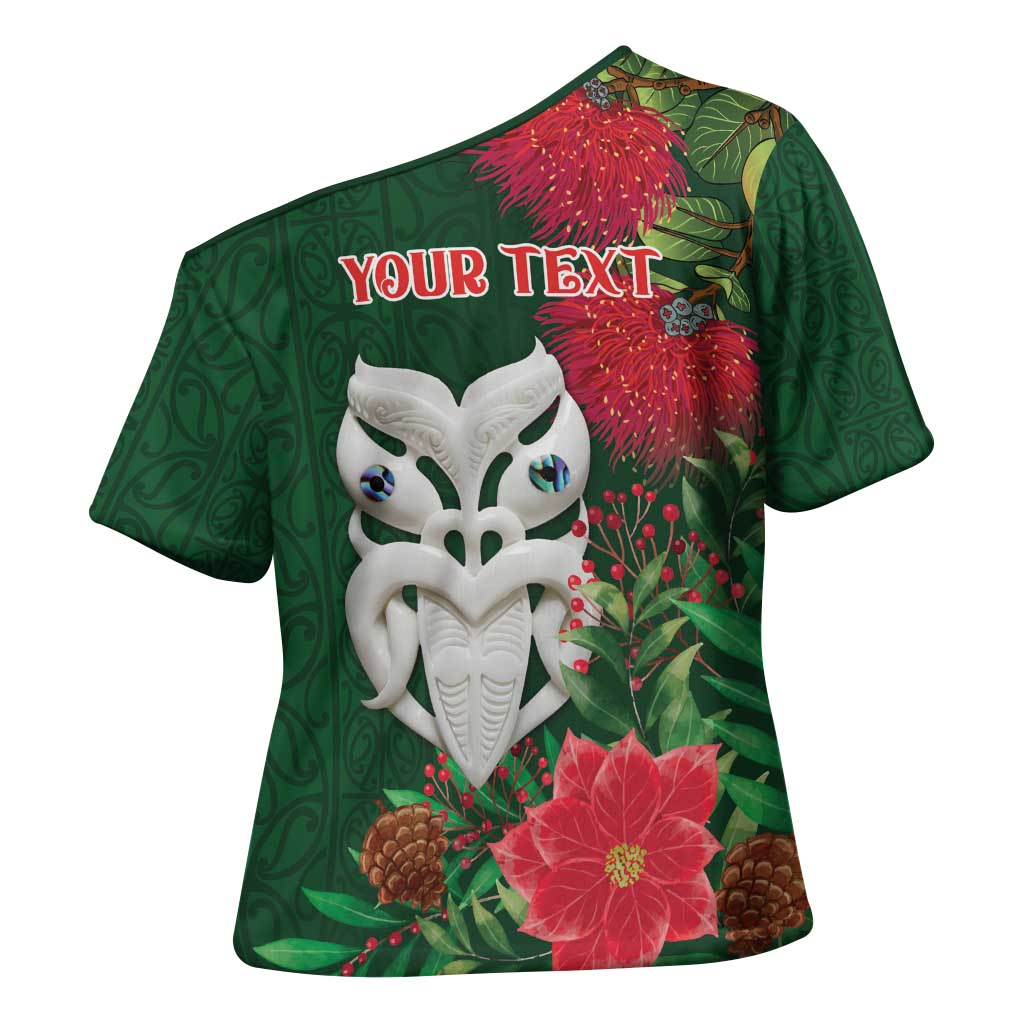Maori Wheku Meri Kirihimete Personalised Cross Shoulder Shirt All Green Indigenous Maori Motif - Aussie Hoodie