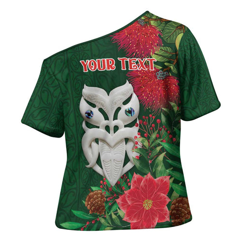 Maori Wheku Meri Kirihimete Personalised Cross Shoulder Shirt All Green Indigenous Maori Motif - Aussie Hoodie