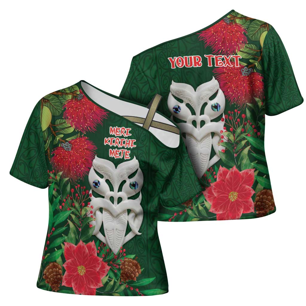 Maori Wheku Meri Kirihimete Personalised Cross Shoulder Shirt All Green Indigenous Maori Motif - Aussie Hoodie