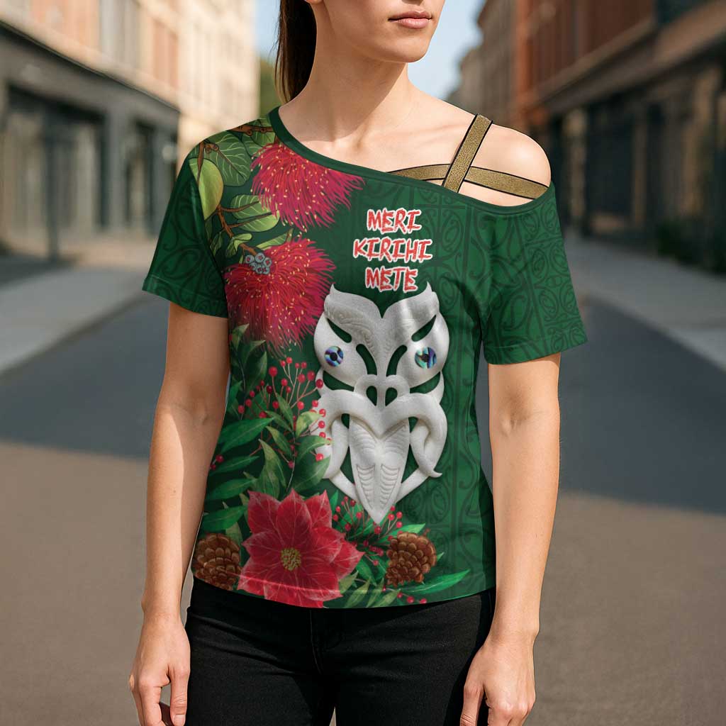 Maori Wheku Meri Kirihimete Personalised Cross Shoulder Shirt All Green Indigenous Maori Motif - Aussie Hoodie