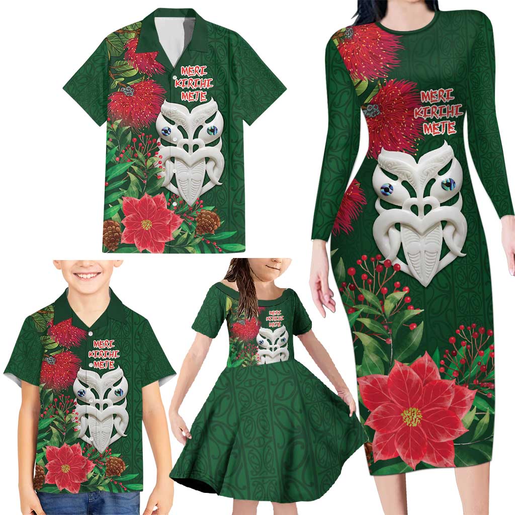Maori Wheku Meri Kirihimete Personalised Family Matching Long Sleeve Bodycon Dress and Hawaiian Shirt All Green Indigenous Maori Motif - Aussie Hoodie