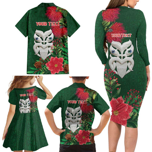 Maori Wheku Meri Kirihimete Personalised Family Matching Long Sleeve Bodycon Dress and Hawaiian Shirt All Green Indigenous Maori Motif - Aussie Hoodie