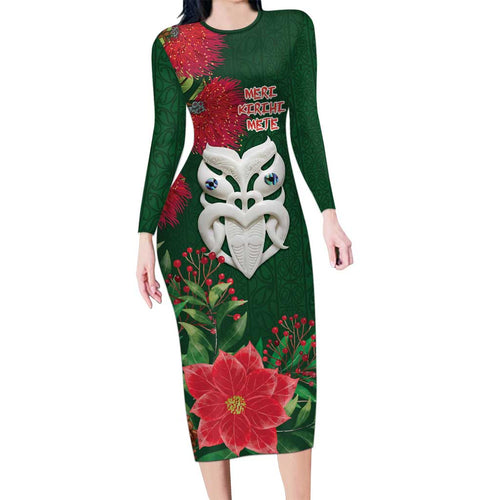 Maori Wheku Meri Kirihimete Personalised Family Matching Long Sleeve Bodycon Dress and Hawaiian Shirt All Green Indigenous Maori Motif - Aussie Hoodie