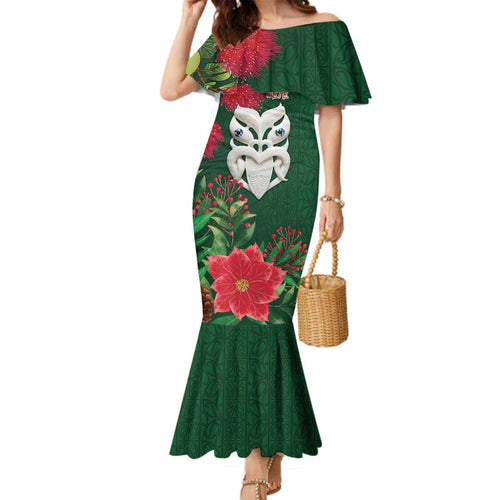 Maori Wheku Meri Kirihimete Personalised Family Matching Mermaid Dress and Hawaiian Shirt All Green Indigenous Maori Motif - Aussie Hoodie
