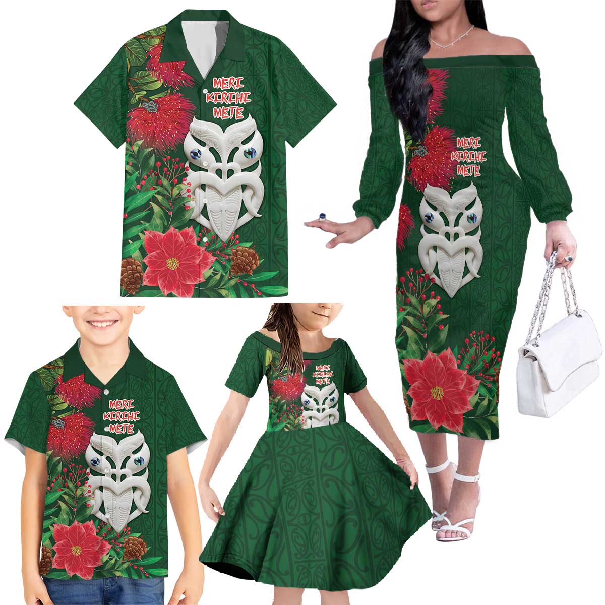 Maori Wheku Meri Kirihimete Personalised Family Matching Off The Shoulder Long Sleeve Dress and Hawaiian Shirt All Green Indigenous Maori Motif - Aussie Hoodie