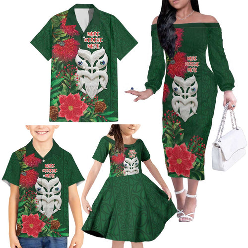 Maori Wheku Meri Kirihimete Personalised Family Matching Off The Shoulder Long Sleeve Dress and Hawaiian Shirt All Green Indigenous Maori Motif - Aussie Hoodie