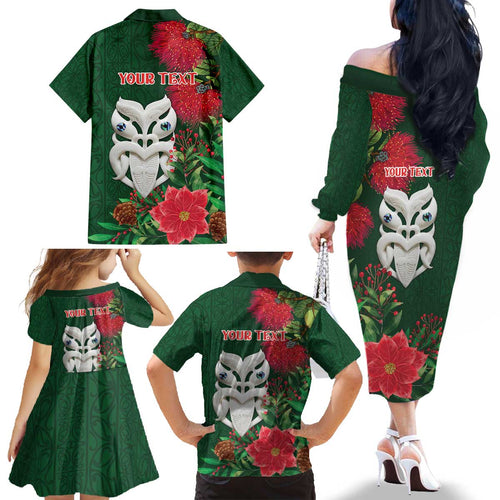 Maori Wheku Meri Kirihimete Personalised Family Matching Off The Shoulder Long Sleeve Dress and Hawaiian Shirt All Green Indigenous Maori Motif - Aussie Hoodie