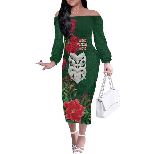 Maori Wheku Meri Kirihimete Personalised Family Matching Off The Shoulder Long Sleeve Dress and Hawaiian Shirt All Green Indigenous Maori Motif - Aussie Hoodie