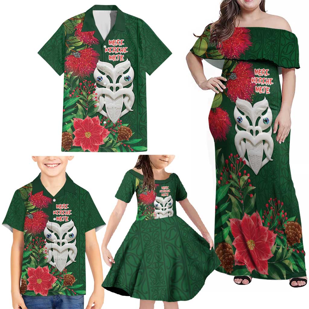 Maori Wheku Meri Kirihimete Personalised Family Matching Off Shoulder Maxi Dress and Hawaiian Shirt All Green Indigenous Maori Motif - Aussie Hoodie
