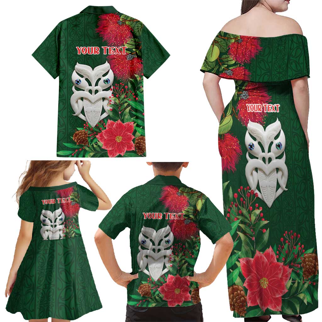 Maori Wheku Meri Kirihimete Personalised Family Matching Off Shoulder Maxi Dress and Hawaiian Shirt All Green Indigenous Maori Motif - Aussie Hoodie