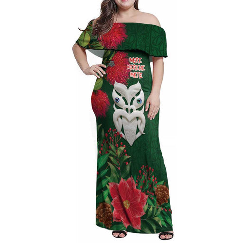 Maori Wheku Meri Kirihimete Personalised Family Matching Off Shoulder Maxi Dress and Hawaiian Shirt All Green Indigenous Maori Motif - Aussie Hoodie