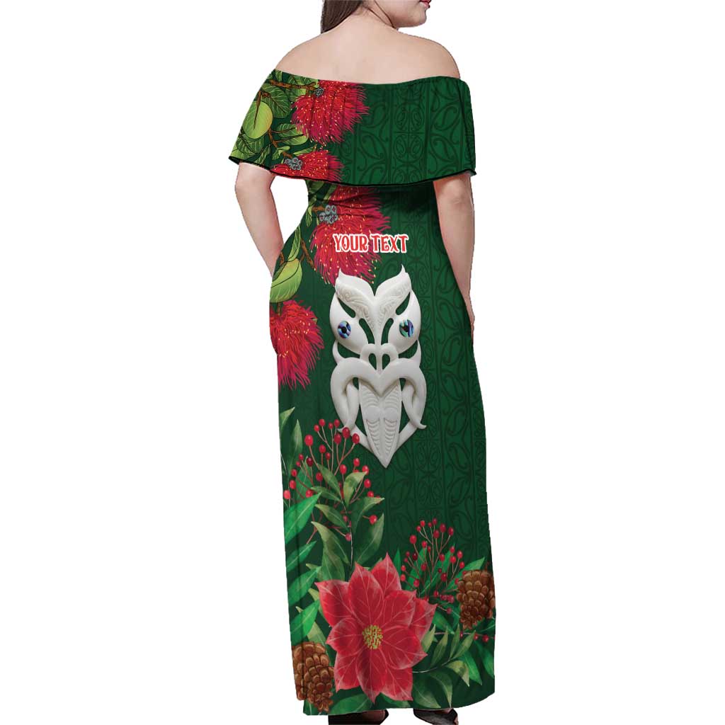 Maori Wheku Meri Kirihimete Personalised Family Matching Off Shoulder Maxi Dress and Hawaiian Shirt All Green Indigenous Maori Motif - Aussie Hoodie