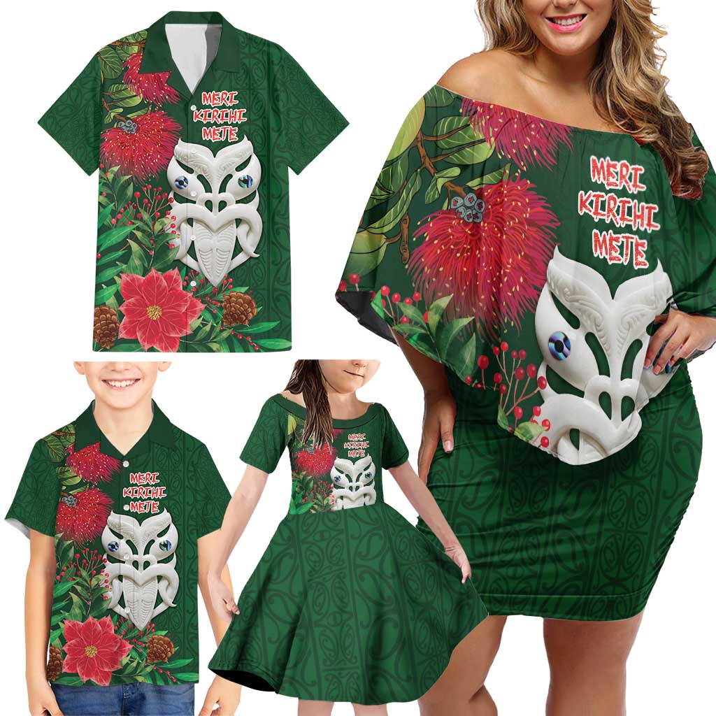 Maori Wheku Meri Kirihimete Personalised Family Matching Off Shoulder Short Dress and Hawaiian Shirt All Green Indigenous Maori Motif - Aussie Hoodie