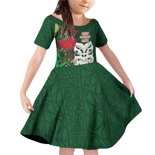Maori Wheku Meri Kirihimete Personalised Family Matching Off Shoulder Short Dress and Hawaiian Shirt All Green Indigenous Maori Motif - Aussie Hoodie