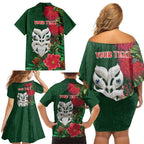 Maori Wheku Meri Kirihimete Personalised Family Matching Off Shoulder Short Dress and Hawaiian Shirt All Green Indigenous Maori Motif - Aussie Hoodie