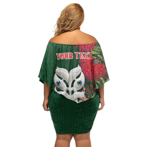 Maori Wheku Meri Kirihimete Personalised Family Matching Off Shoulder Short Dress and Hawaiian Shirt All Green Indigenous Maori Motif - Aussie Hoodie