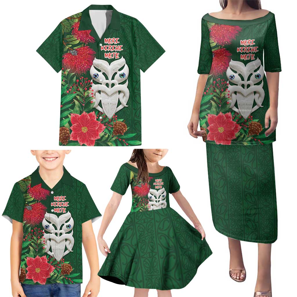 Maori Wheku Meri Kirihimete Personalised Family Matching Puletasi and Hawaiian Shirt All Green Indigenous Maori Motif - Aussie Hoodie
