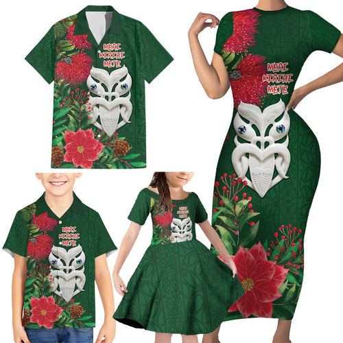 Maori Wheku Meri Kirihimete Personalised Family Matching Short Sleeve Bodycon Dress and Hawaiian Shirt All Green Indigenous Maori Motif - Aussie Hoodie