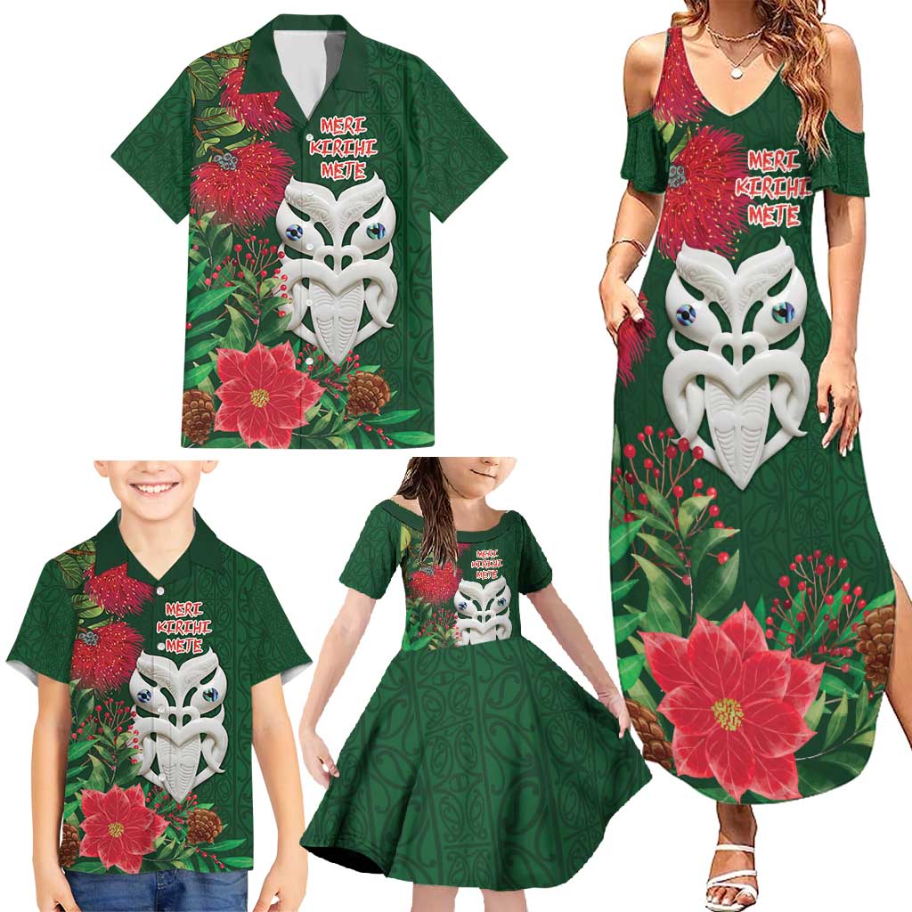 Maori Wheku Meri Kirihimete Personalised Family Matching Summer Maxi Dress and Hawaiian Shirt All Green Indigenous Maori Motif - Aussie Hoodie